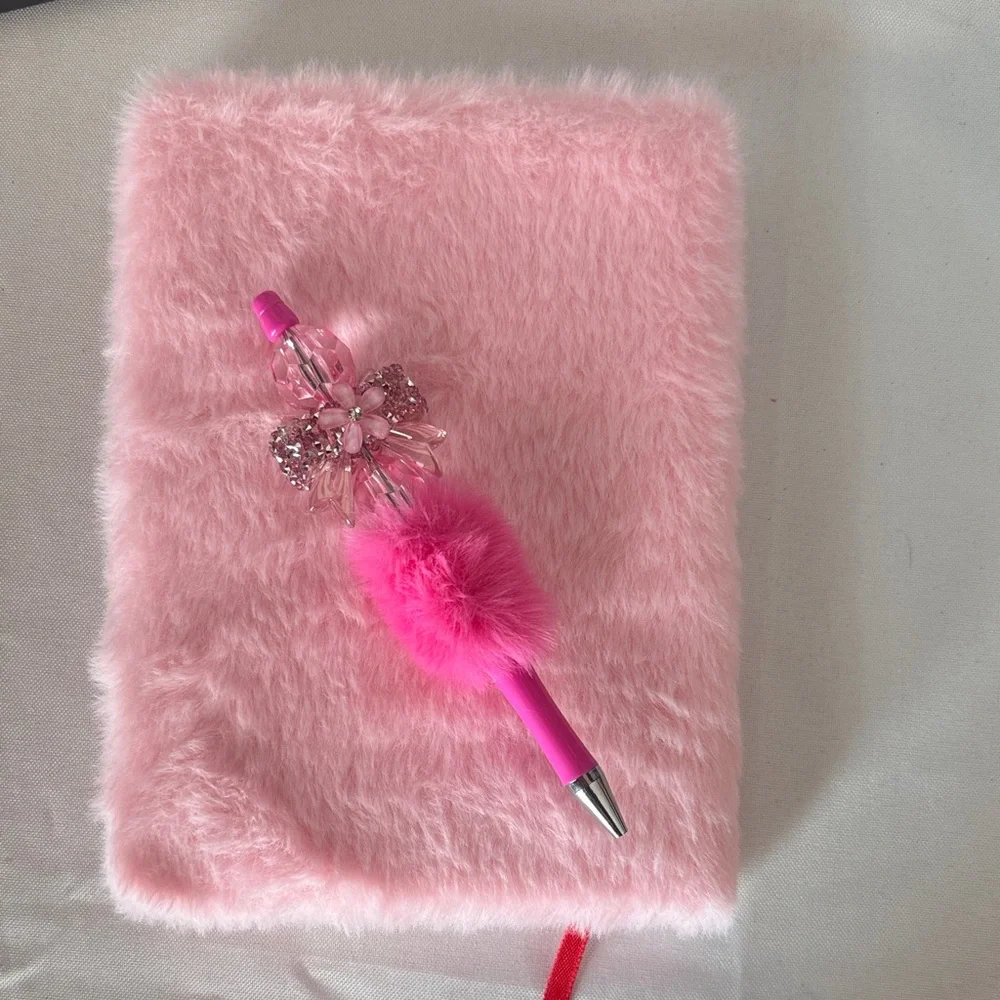 Pink Furry Cherry Sequin Notebook and Pen Set NWOT